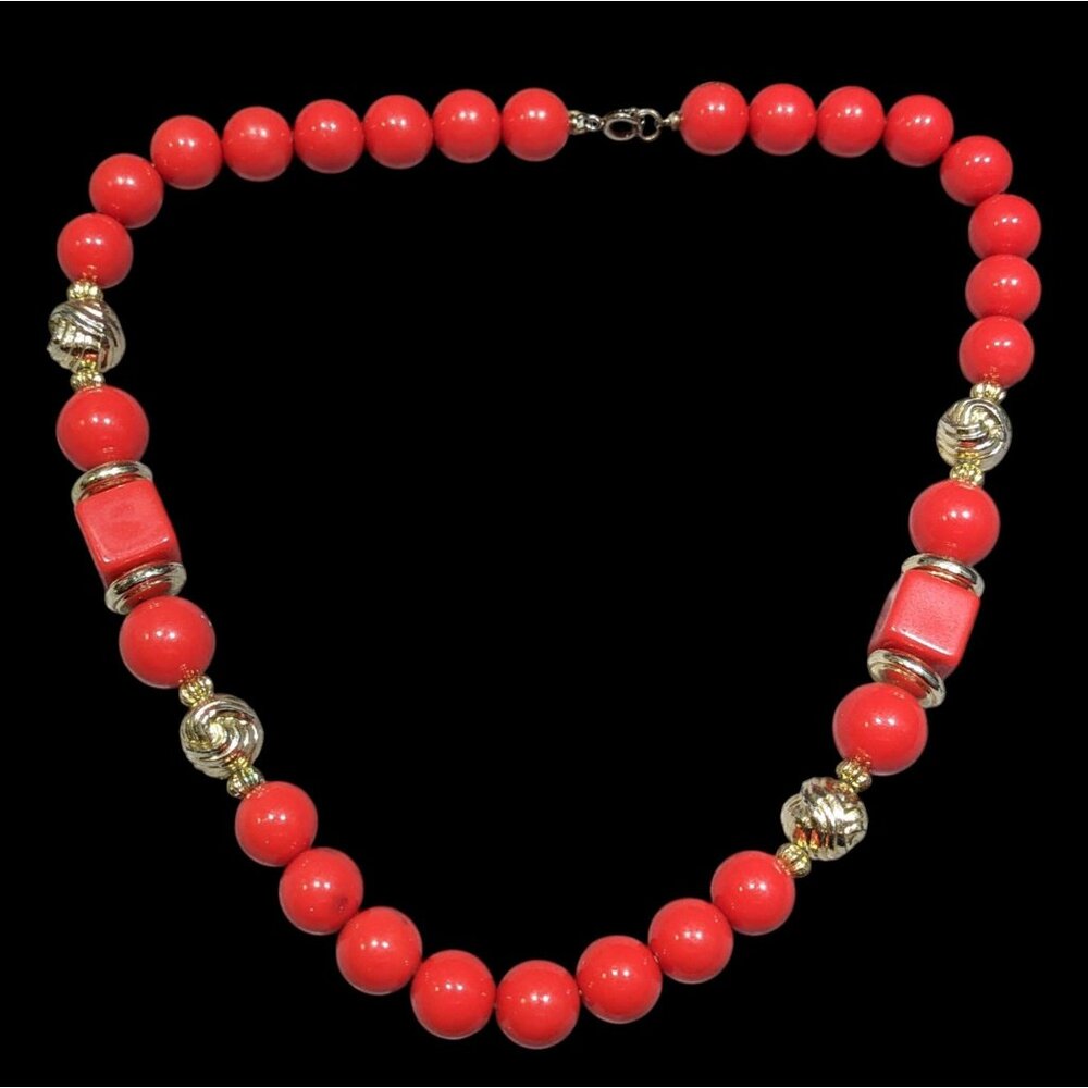 Vintage Red And Gold Tone Beaded Necklace